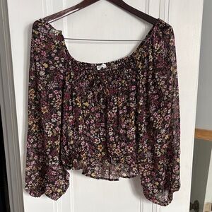Mango Black Floral Off-Shoulder Blouse with Pink & Mustard Accents